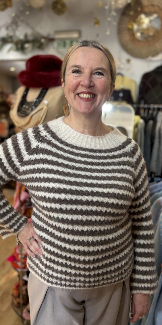 Paris Jumper. Textured stripe. Round neck. Mocha.