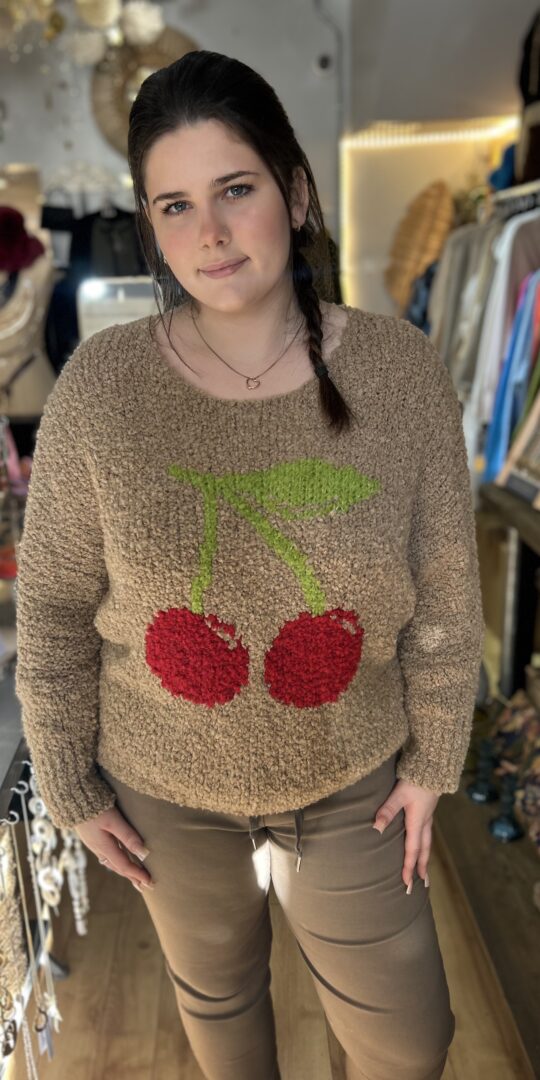 Cherry jumper. Soft knit. Large cherry print on front. Long sleeve. Latte colour.