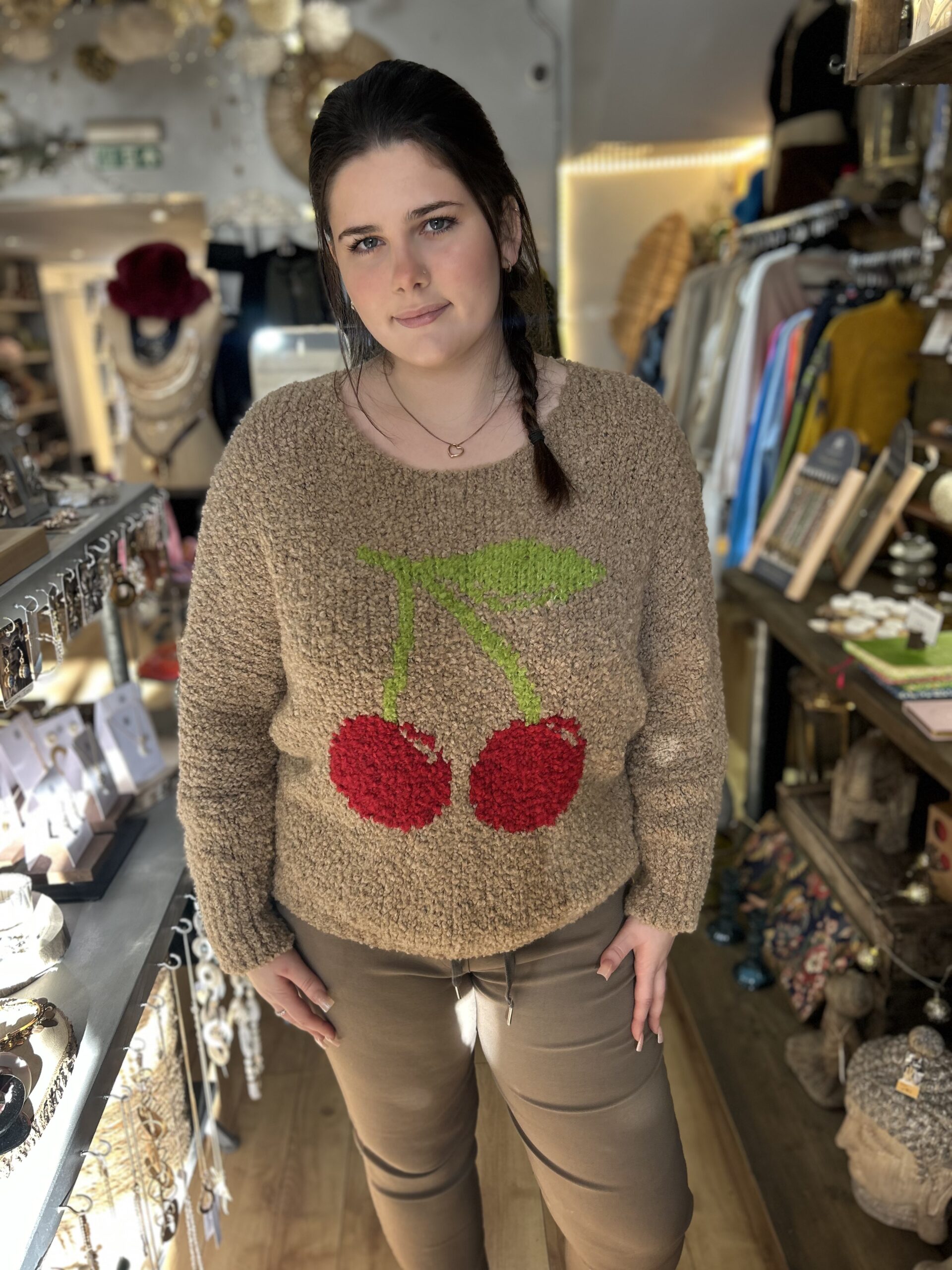 Cherry jumper. Soft knit. Large cherry print on front. Long sleeve. Latte colour.