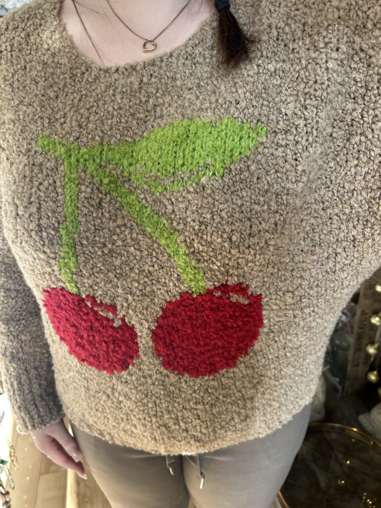 Cherry jumper. Soft knit. Large cherry print on front. Long sleeve. Latte colour.