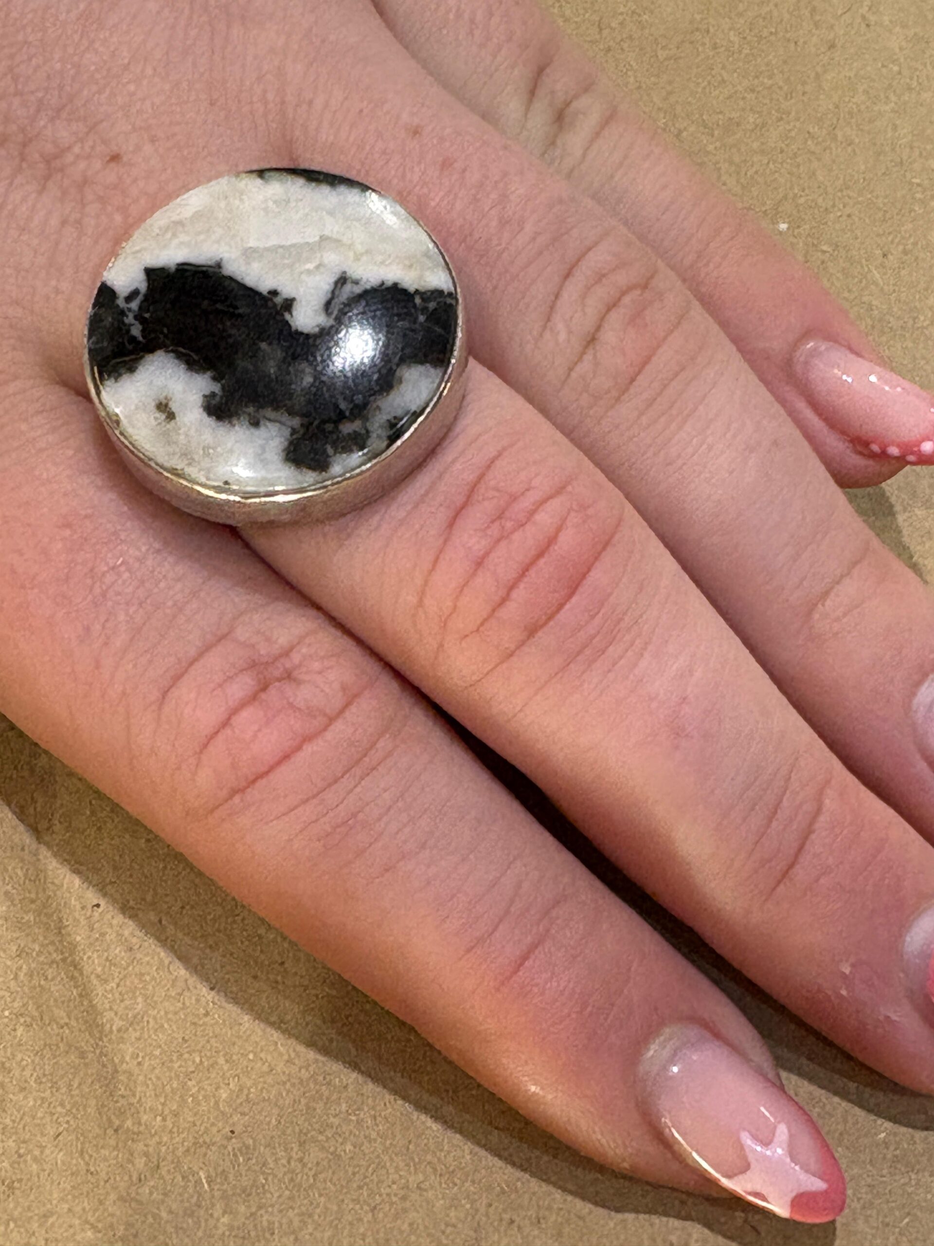 Black and White Jasper Sterling silver ring. Size P