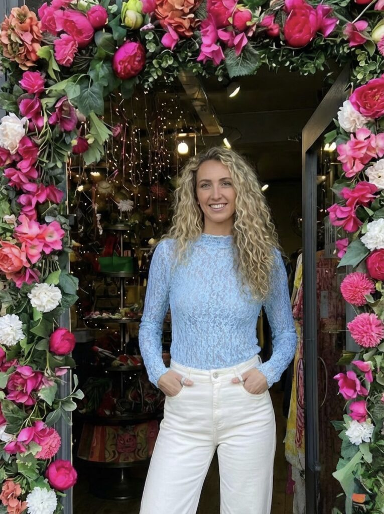 Ola Lace top. Long sleeve. High round neck . Sky