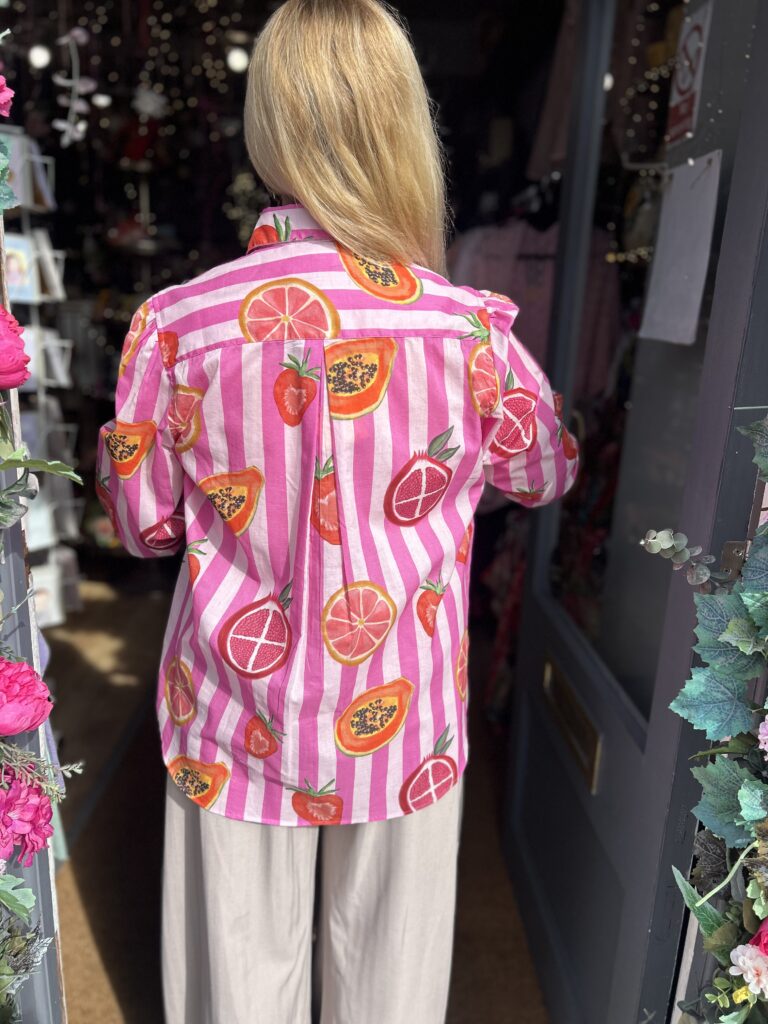 Zafrina Shirt. Candy stripe. All over fruit pattern. Long sleeve.