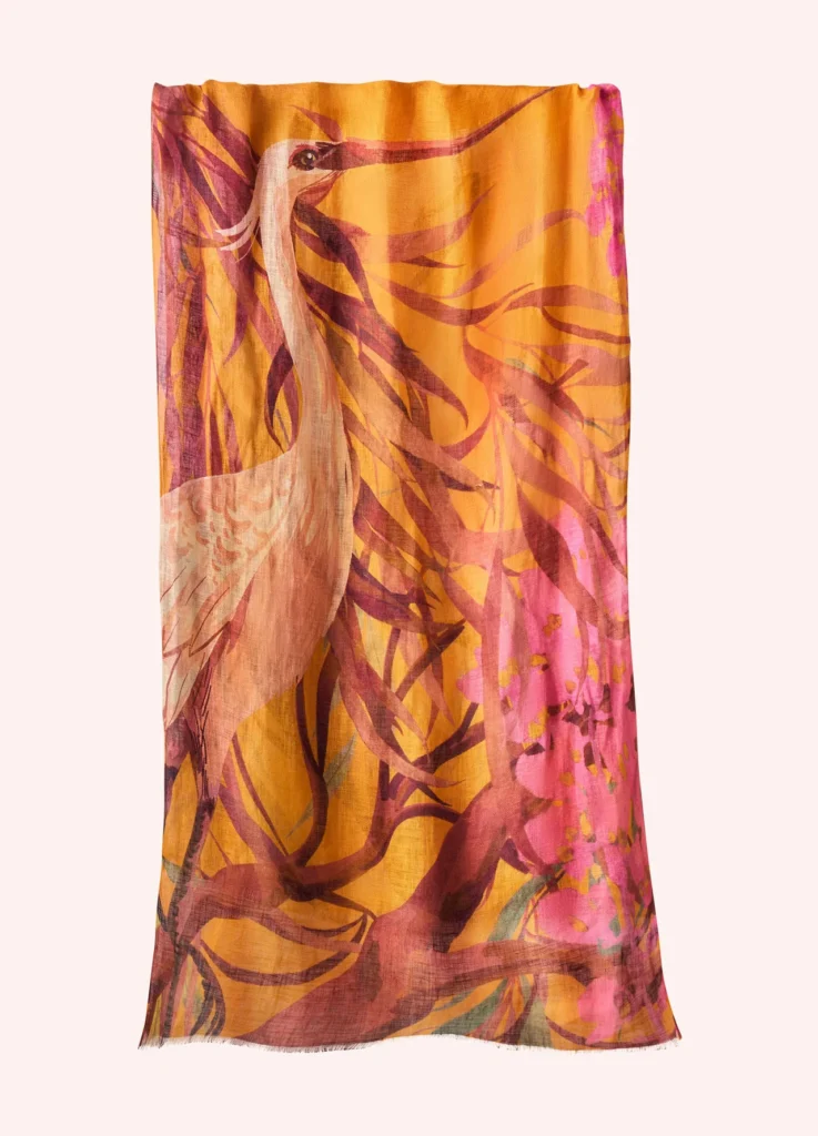 Linen / Cotton Scarf - Oriental Crane By Powder
