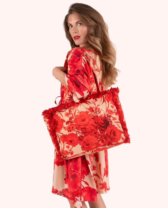 Powder Fringed Box Tote - Rouge Blooms