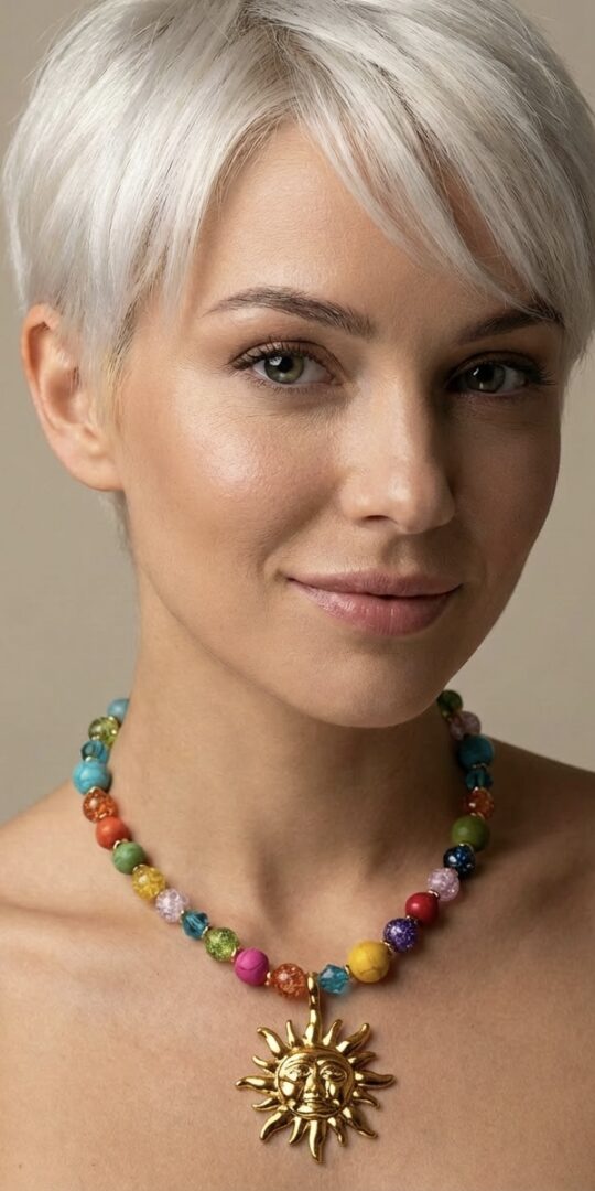 Sundown necklace with mixed colour beads in glass and ceramic and a large sunshine charm