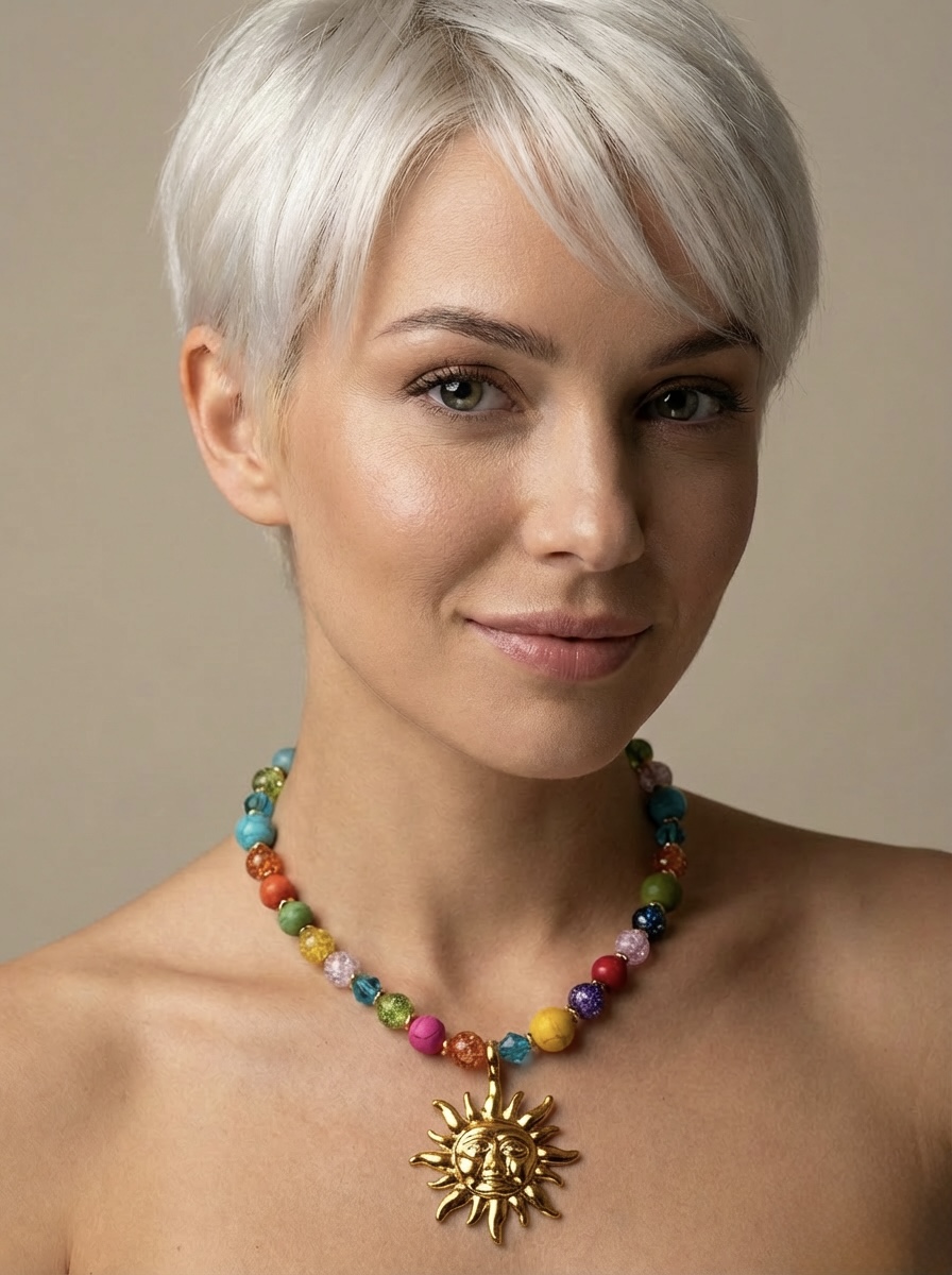 Sundown necklace with mixed colour beads in glass and ceramic and a large sunshine charm