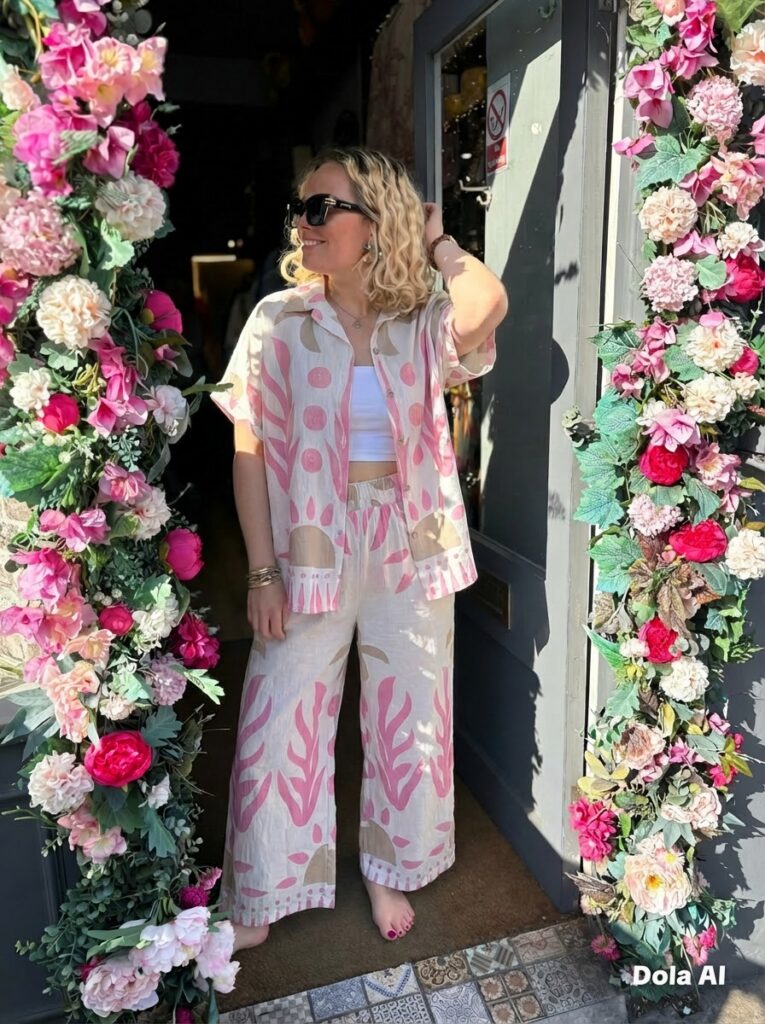 Memphis set. Trouser and shirt. Short sleeve. Large pattern. Blush.