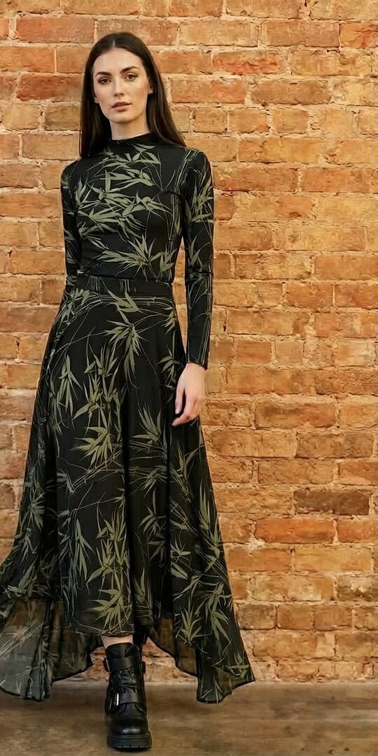 Two piece black skirt set with green palm tree print