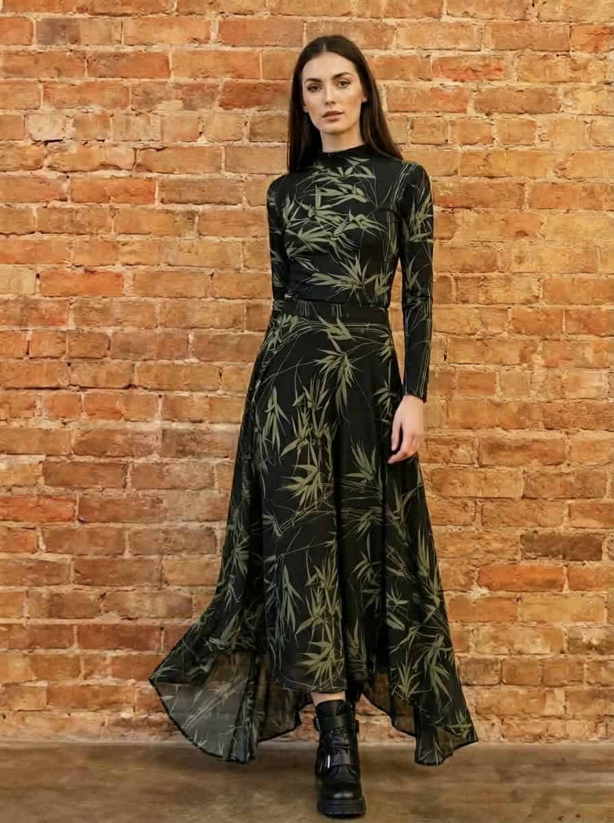 Two piece black skirt set with green palm tree print