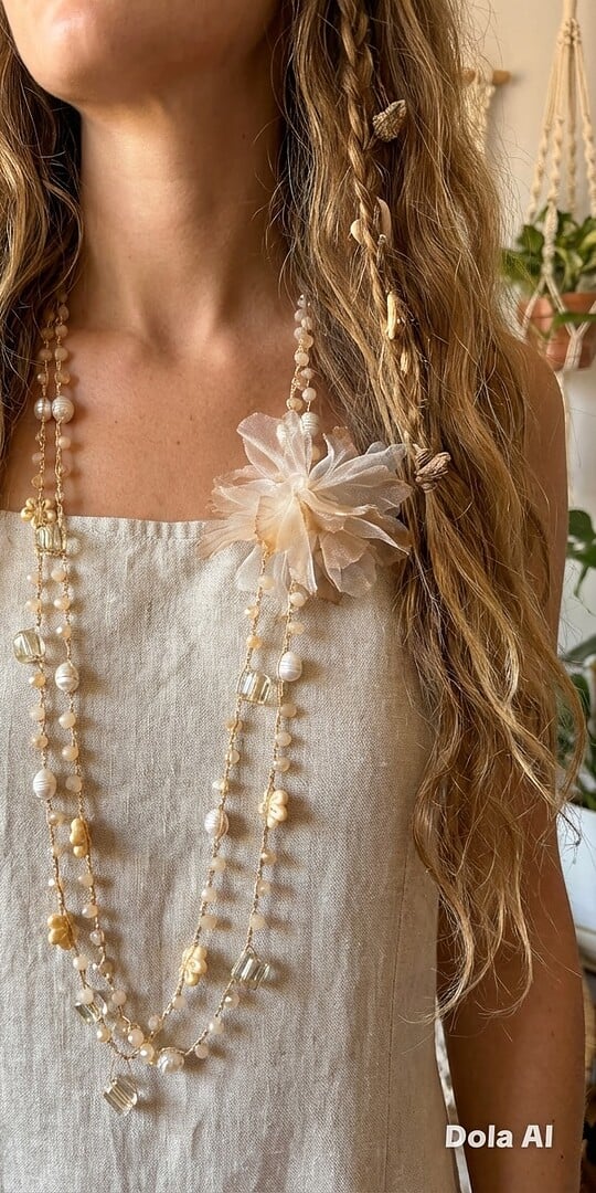 Lucia necklace. Two tiers. Flower detail. Cream.
