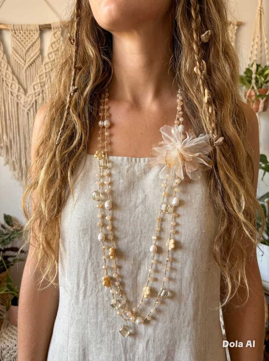 Lucia necklace. Two tiers. Flower detail. Cream.