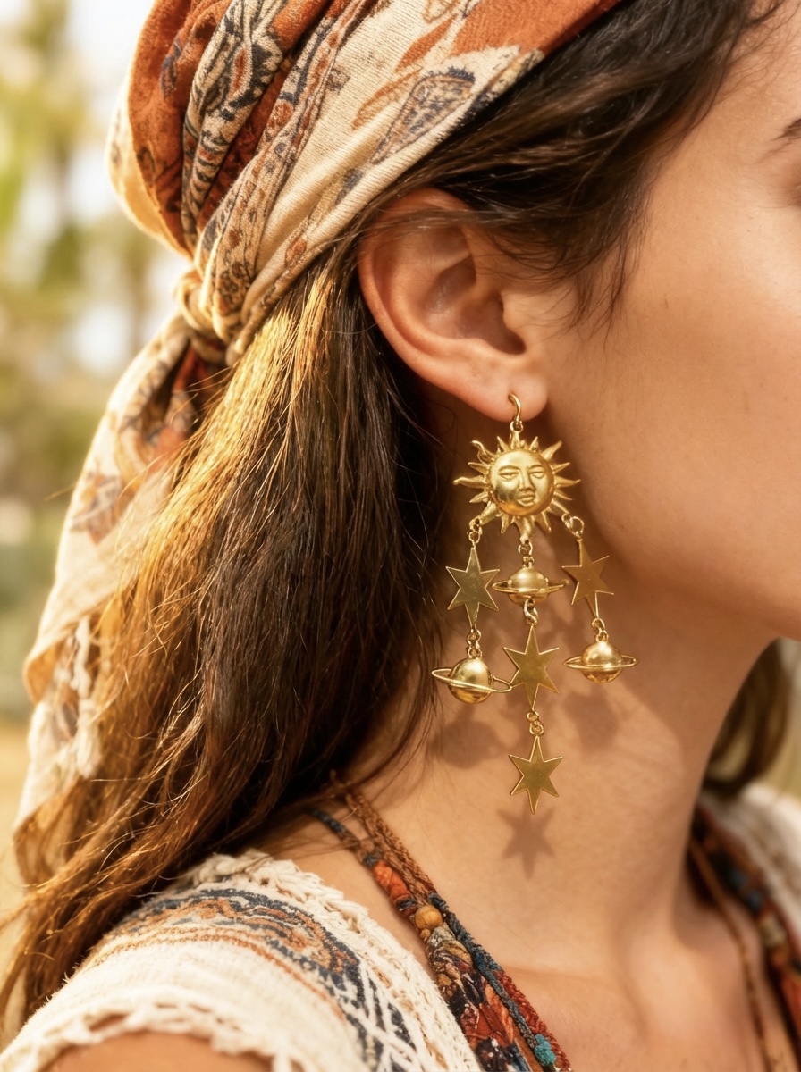 Gold chandelier earrings of sun stars and moons