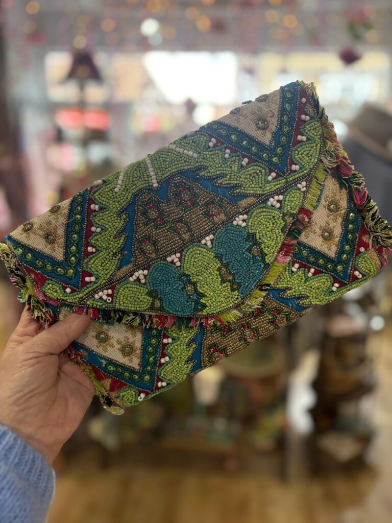 Verity beaded clutch bag. Small. Lime dream.
