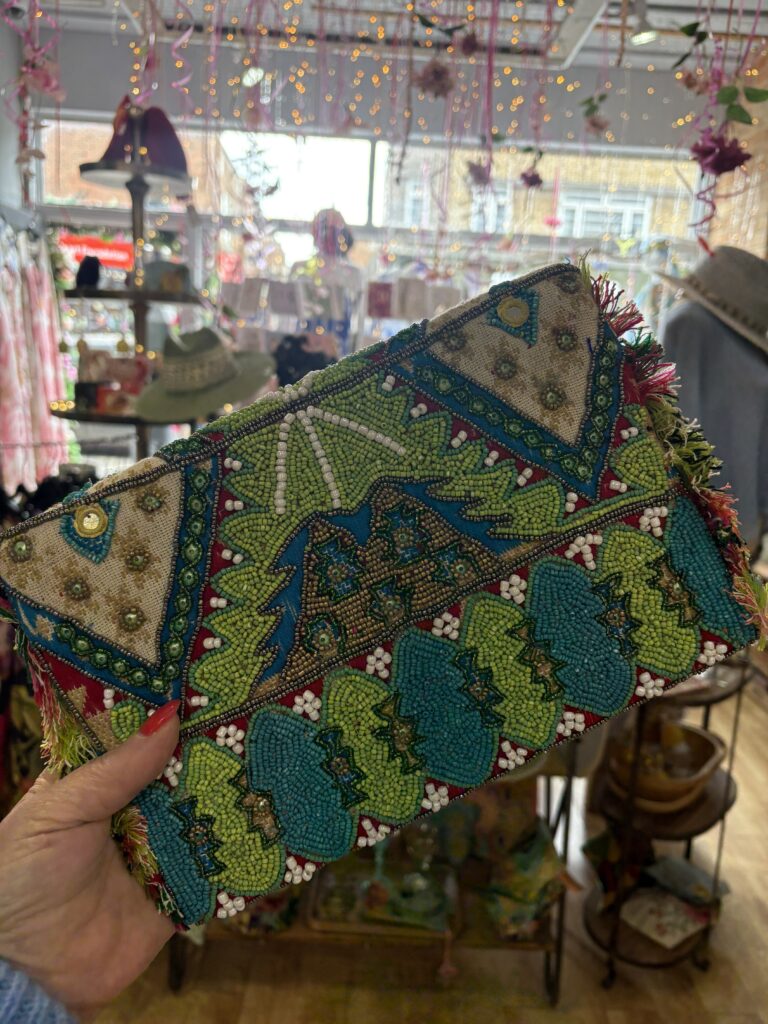 Verity beaded clutch bag. Small. Lime dream.