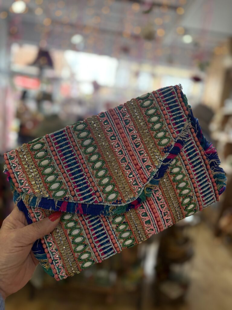 Verity beaded clutch bag. Small. Coral Jungle