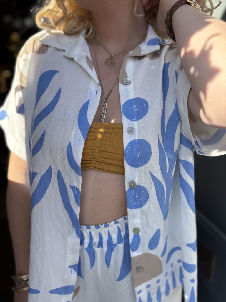Memphis set. Trouser and shirt. Short sleeve. Large pattern. Sky