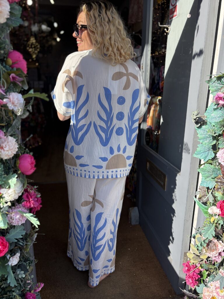 Memphis set. Trouser and shirt. Short sleeve. Large pattern. Sky