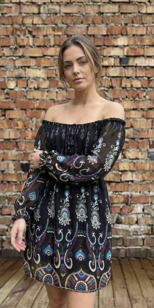 Off the shoulder sheer floral dress with shirred elastic waist.
