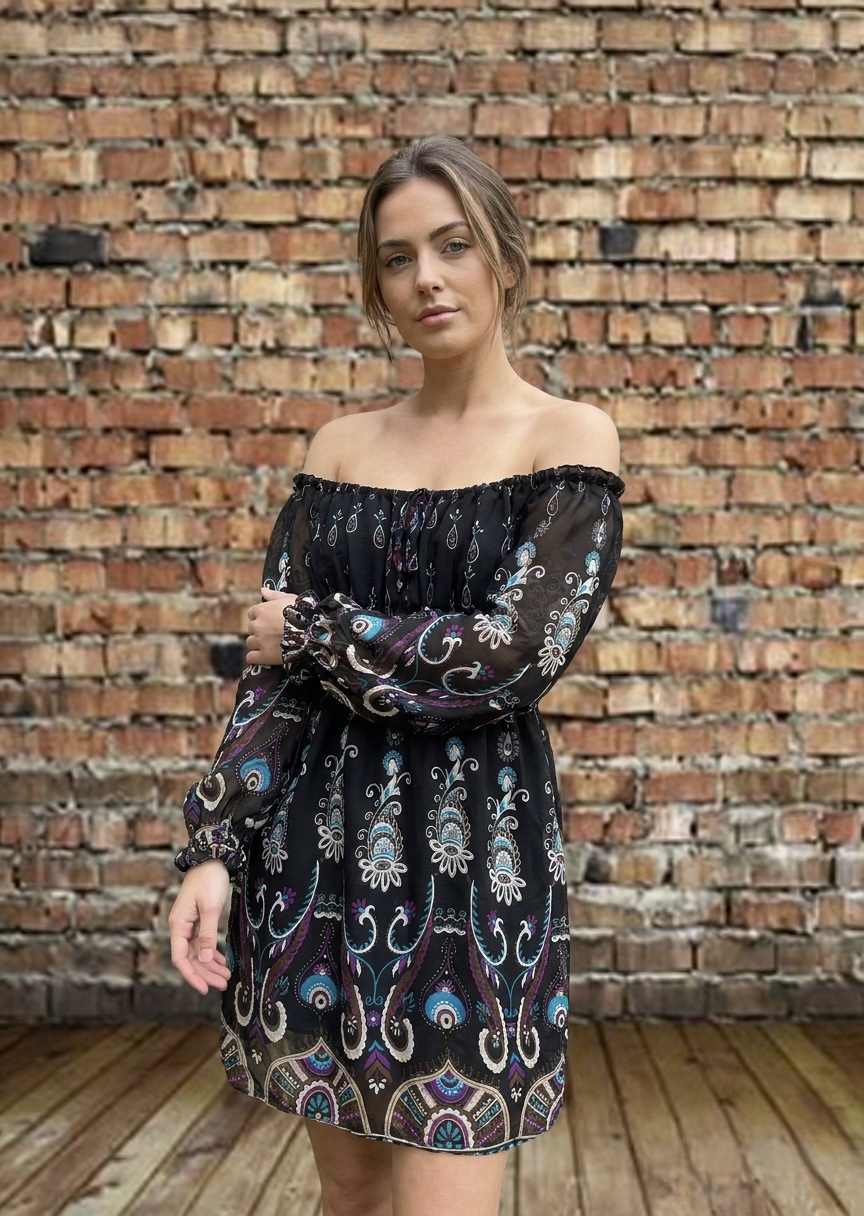 Off the shoulder sheer floral dress with shirred elastic waist.