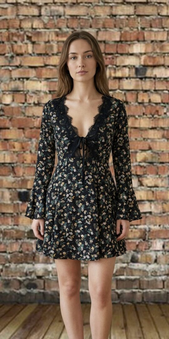 Black floral long sleeve, tie front with keyhole front