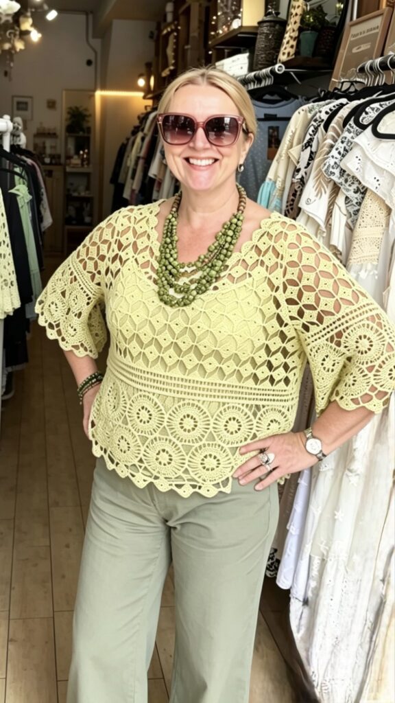 Peridot crochet style top. Elbow sleeve. Lemon