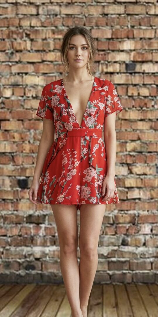 Red Floral Short Sleeve Playsuit