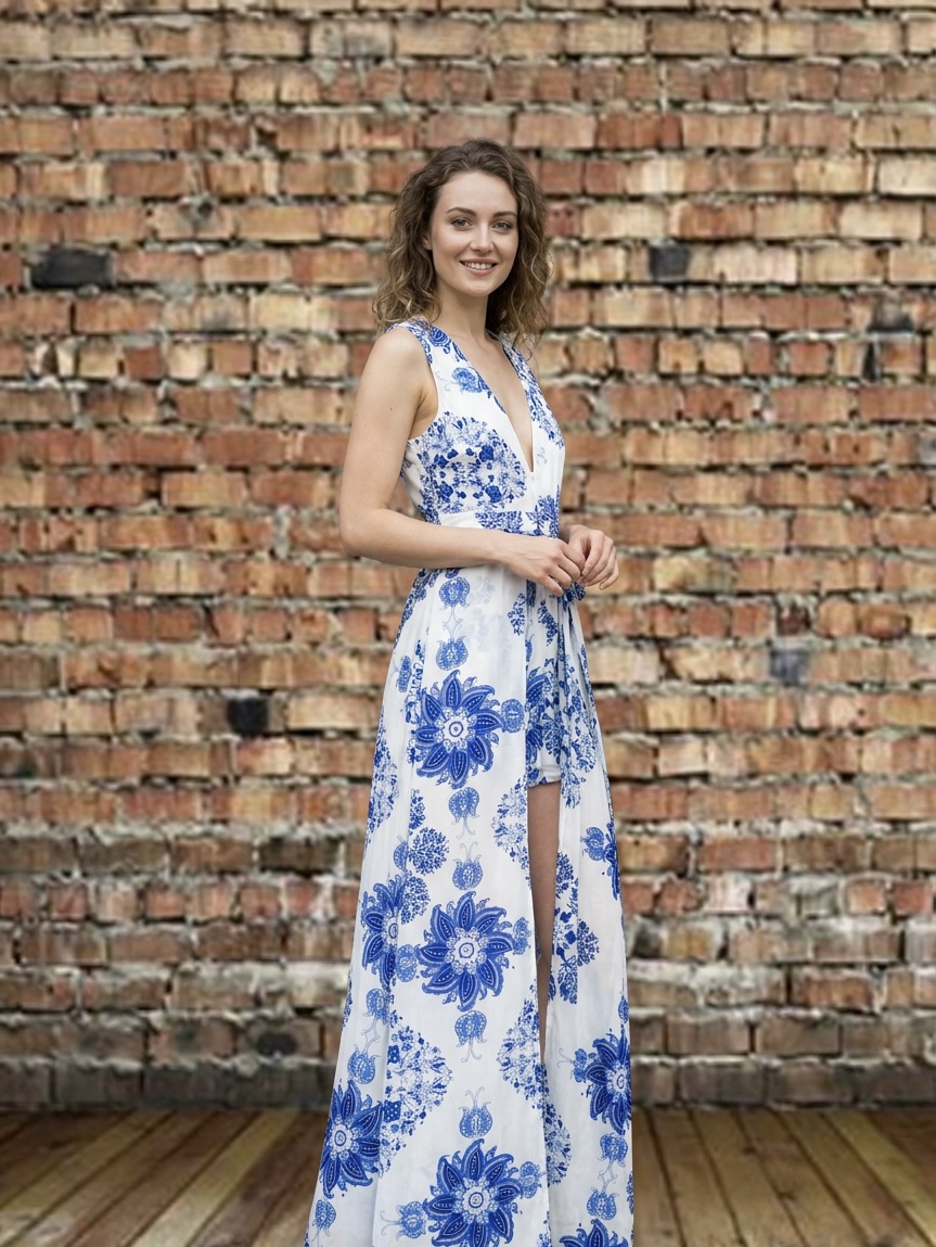 White and Blue Patterned Playsuit