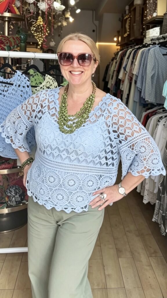 Peridot crochet style top. Elbow sleeve. Sky