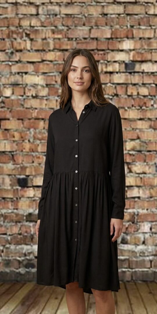 Black buttoned front tunic dress with long sleeves, with optional turn up sleeve