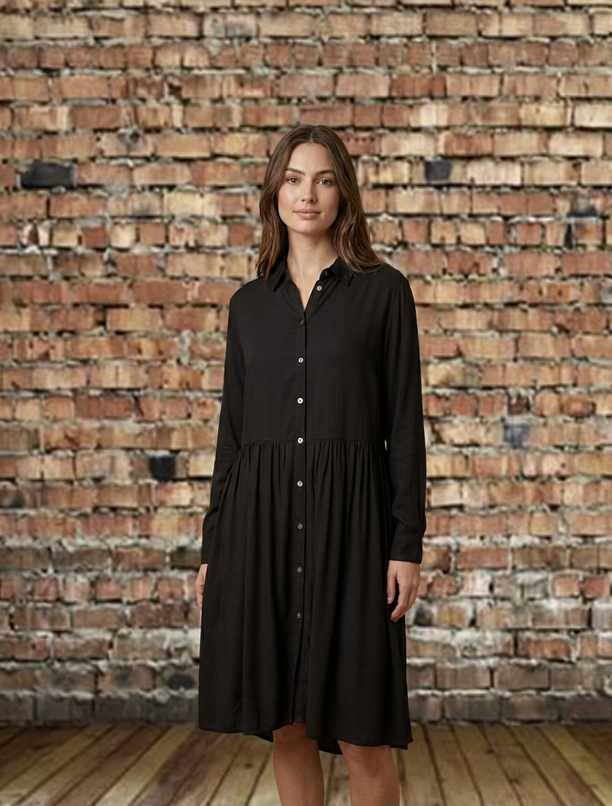 Black buttoned front tunic dress with long sleeves, with optional turn up sleeve