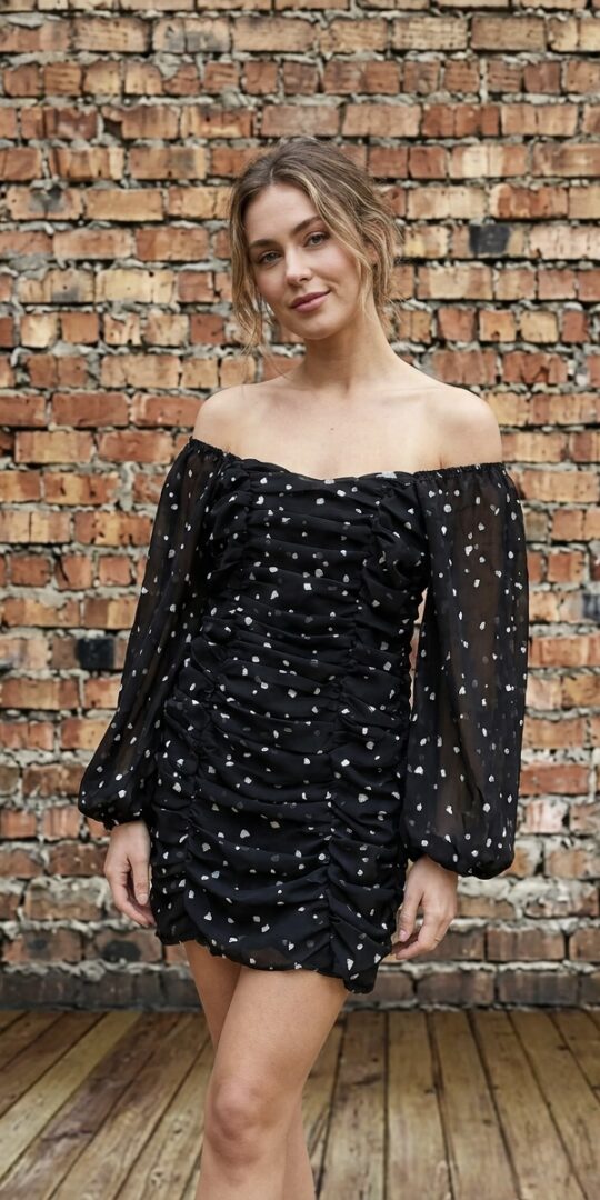 Black speckled ruched long sleeve short dress