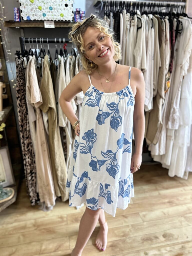 Fiona dress. Short style. Tier on skirt. Cased straps. Sky