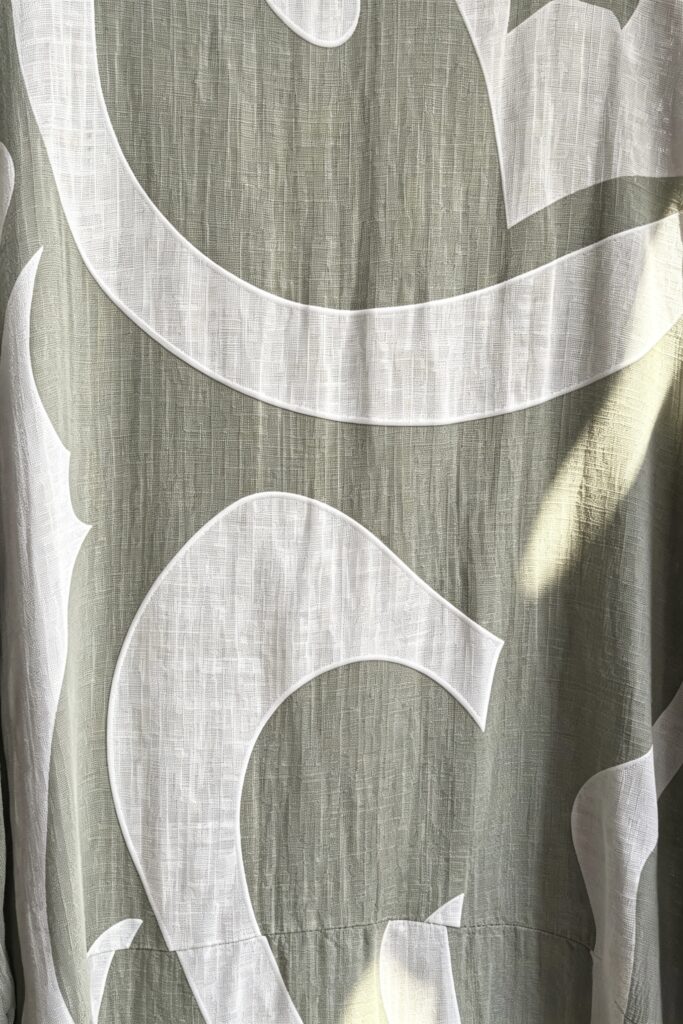 Penny Linen Dress. Large abstract print. Sage