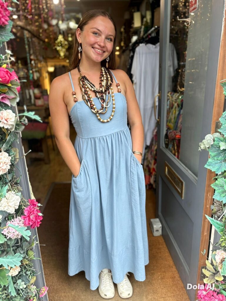 Eden dress. Maxi. Shirred back. Beaded straps. Denim