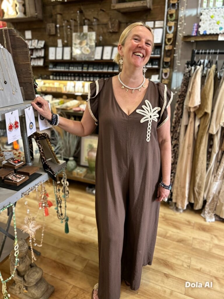 Palm romper suit. Palm embroidery, sleeve detail, tie at the back. Latte