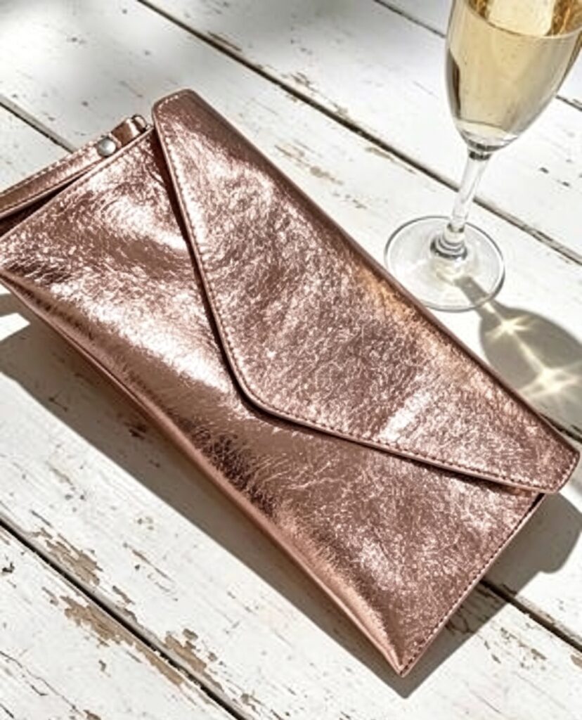 Leather envelope metallic clutch bag with strap
