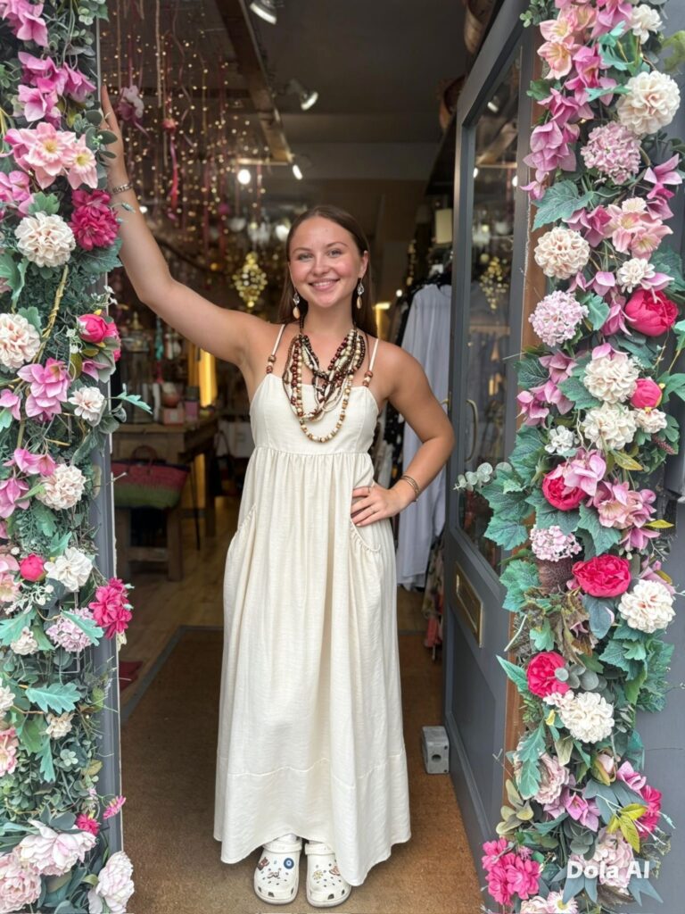 Eden dress. Maxi. Shirred back. Beaded straps. Latte.