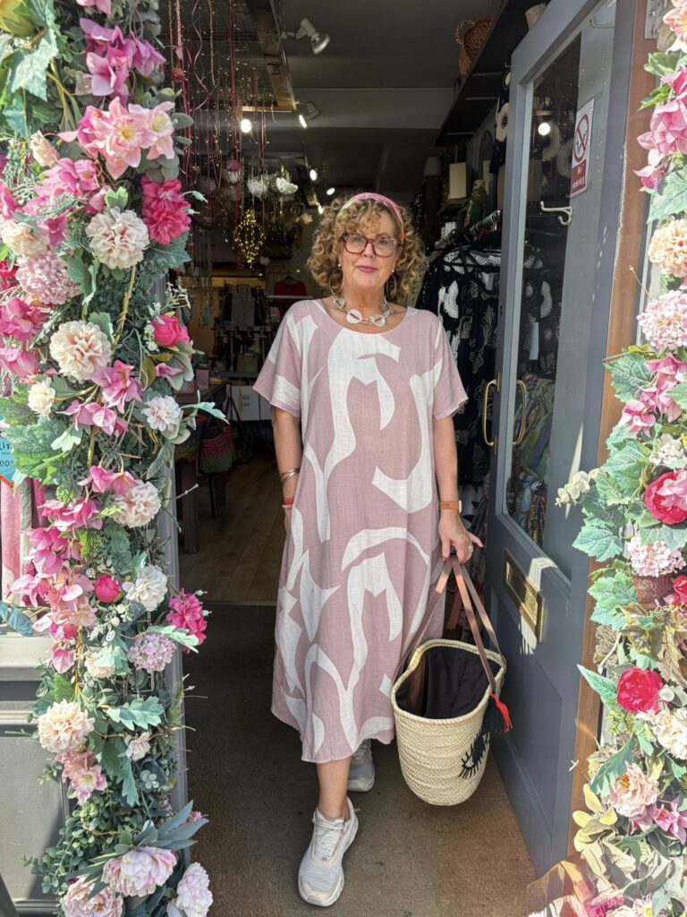 Penny Linen Dress. Large abstract print. Pink