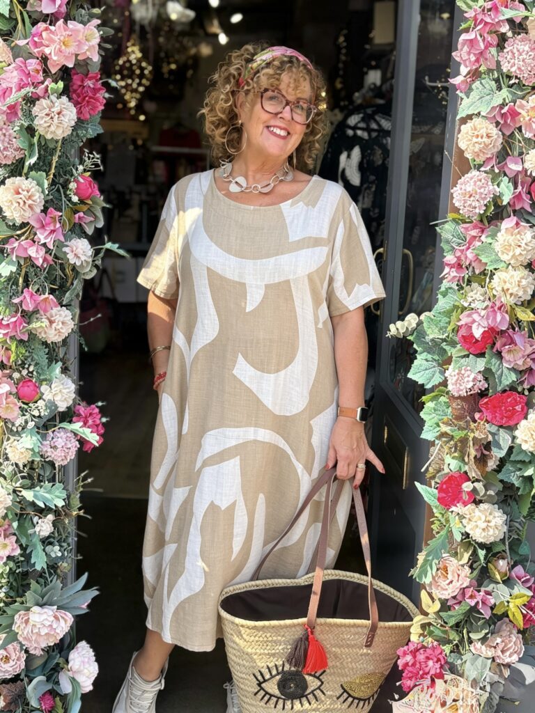 Penny Linen Dress. Large abstract print. Latte