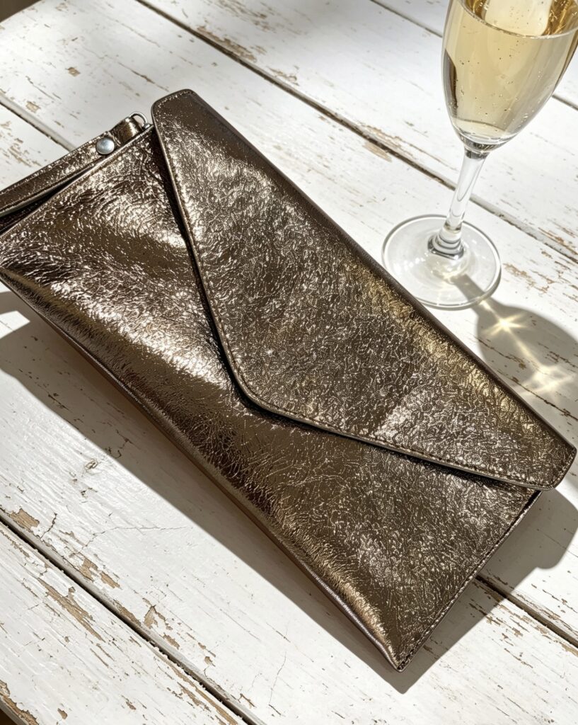 Leather envelope metallic clutch bag with strap