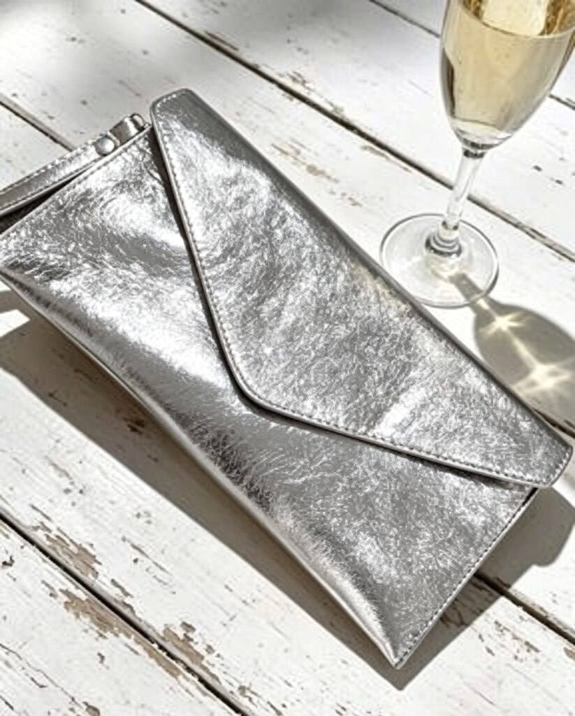 Leather envelope metallic clutch bag with strap