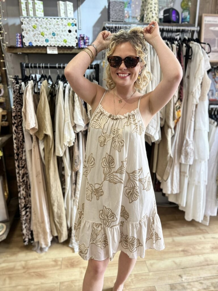 Fiona dress. Short style. Tier on skirt. Cased straps. Cream/gold