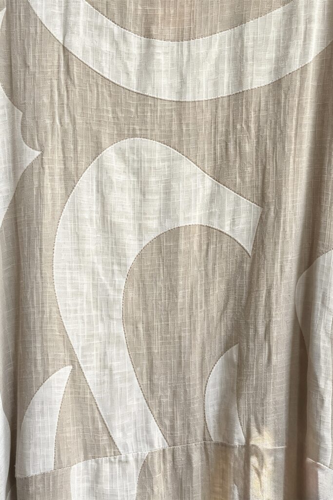 Penny Linen Dress. Large abstract print. Latte