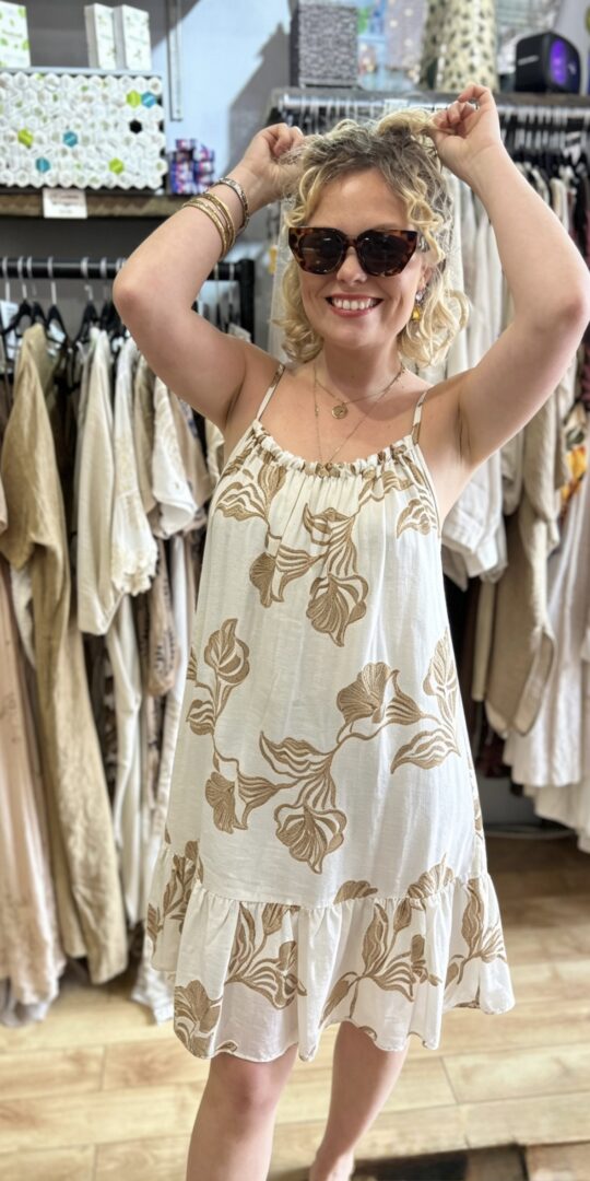 Fiona dress. Short style. Tier on skirt. Cased straps. White/Gold