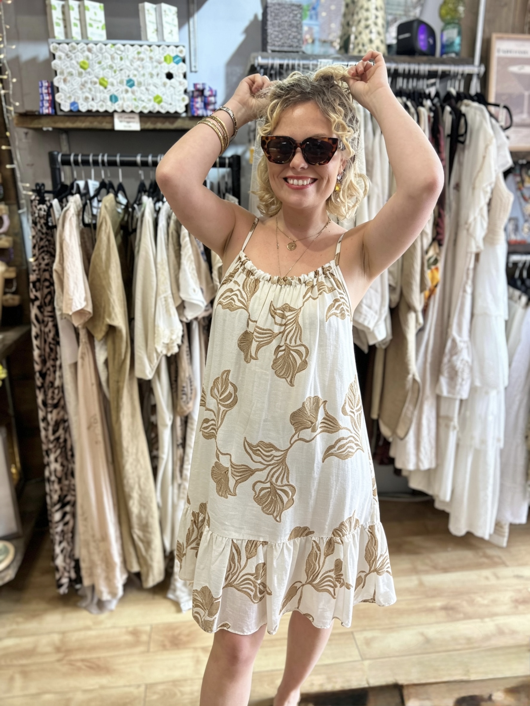 Fiona dress. Short style. Tier on skirt. Cased straps. White/Gold
