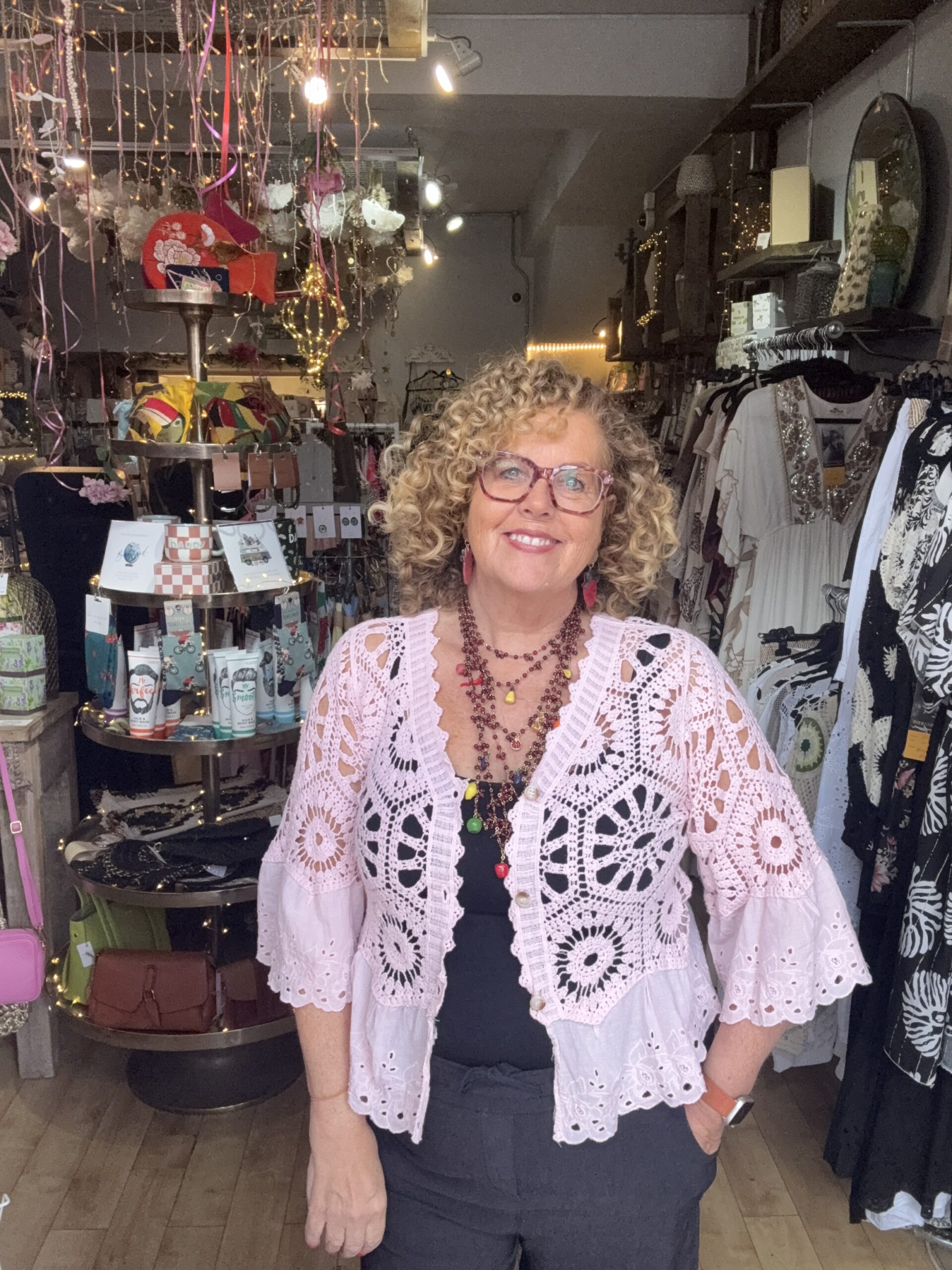 Jasmine crochet cardigan. Flared broderie sleeve and edge detail. Blush