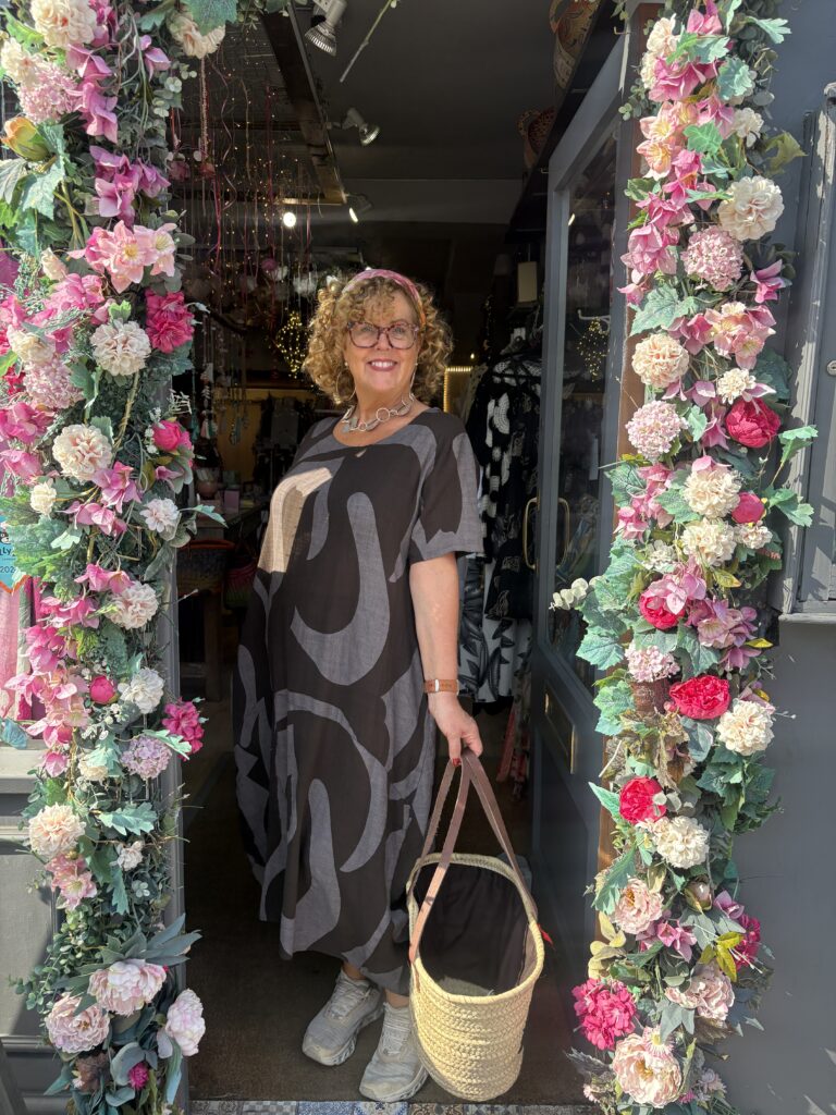 Penny Linen Dress. Large abstract print. Chocolate.