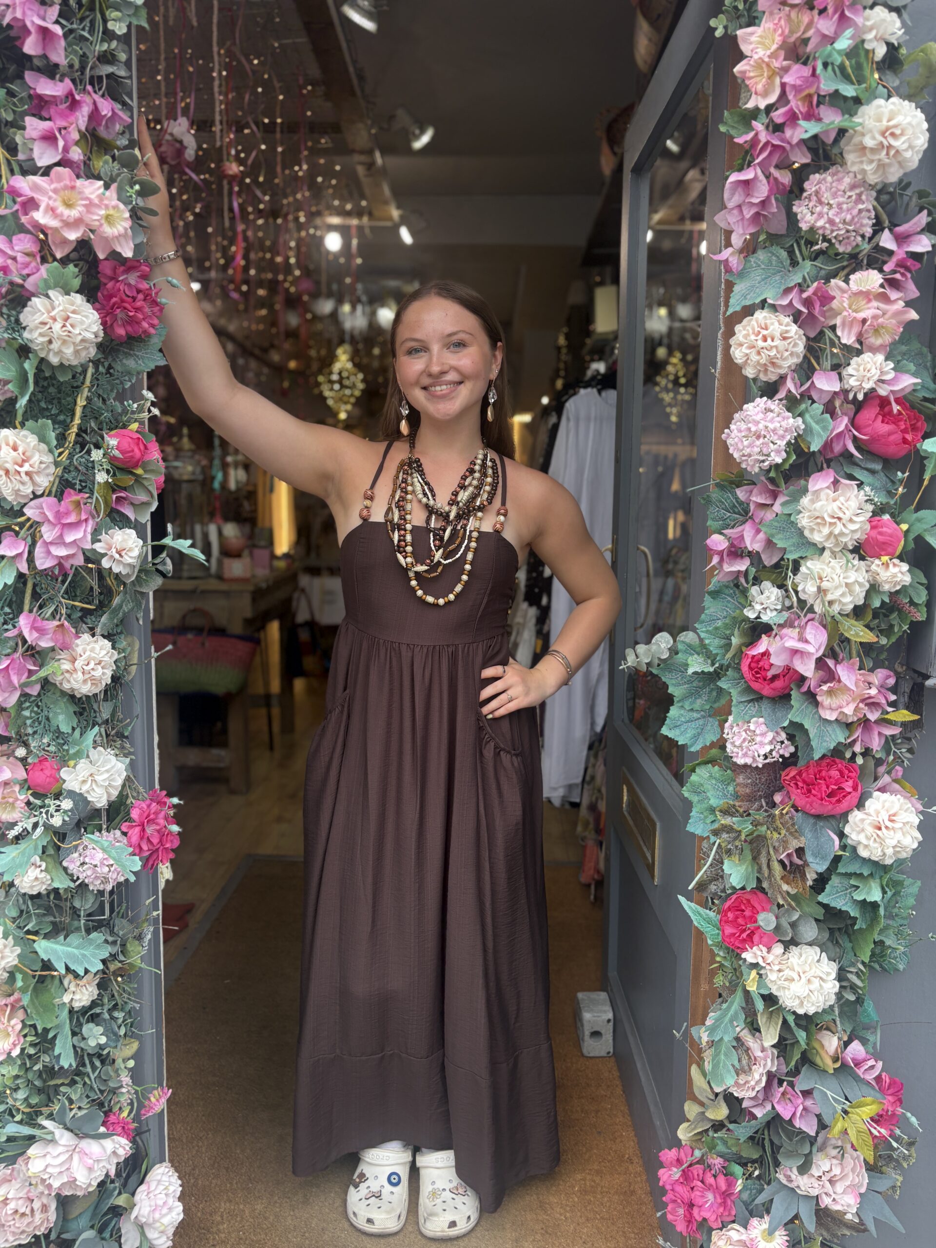 Eden dress. Maxi. Shirred back. Beaded straps. Chocolate.