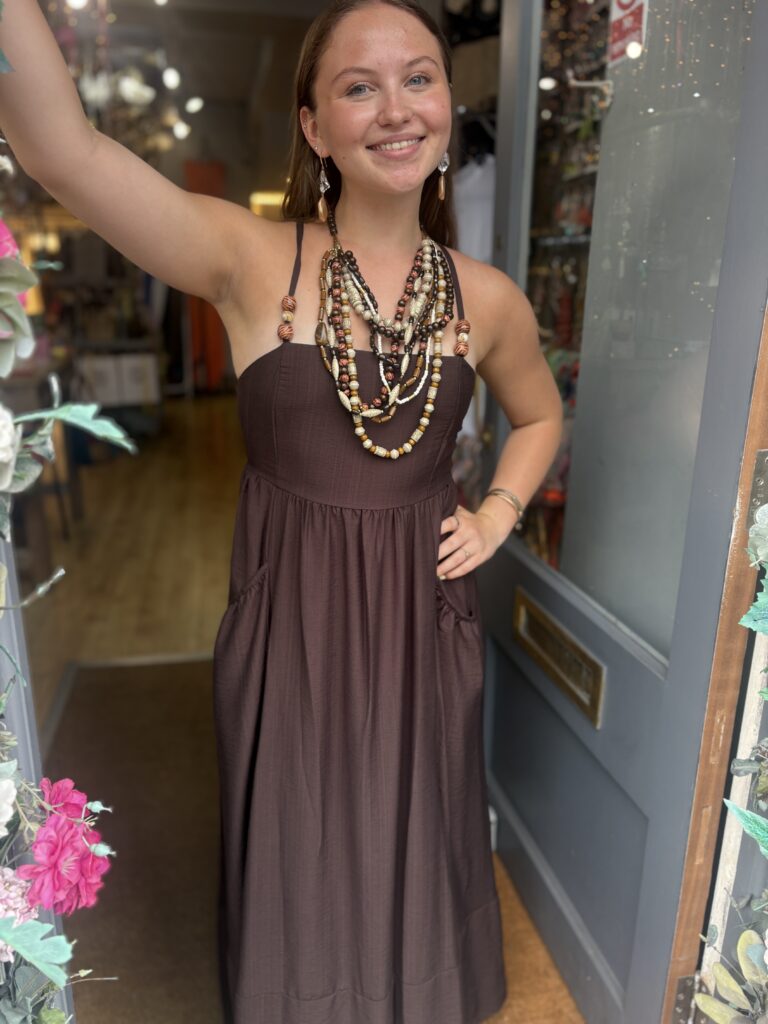 Eden dress. Maxi. Shirred back. Beaded straps. Chocolate.